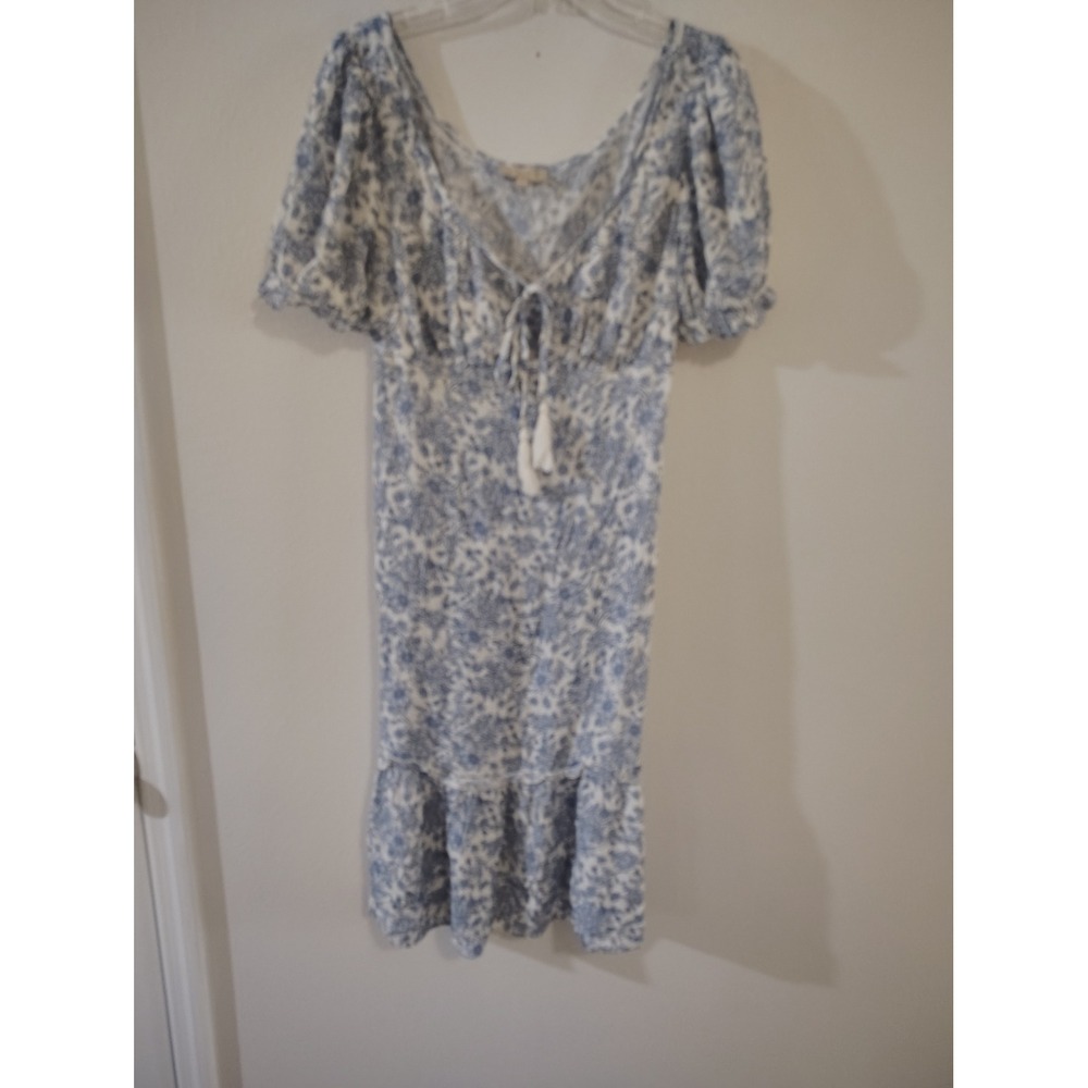 Indulge In Style Blue White Floral Toile Smocked Empire Waist Midi Dress M
